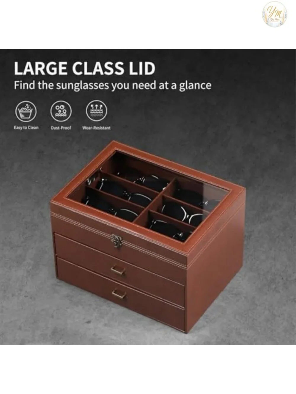 Faux Leather Eyeglass Case with 24 Compartments and Lock, Sunglasses Organizer